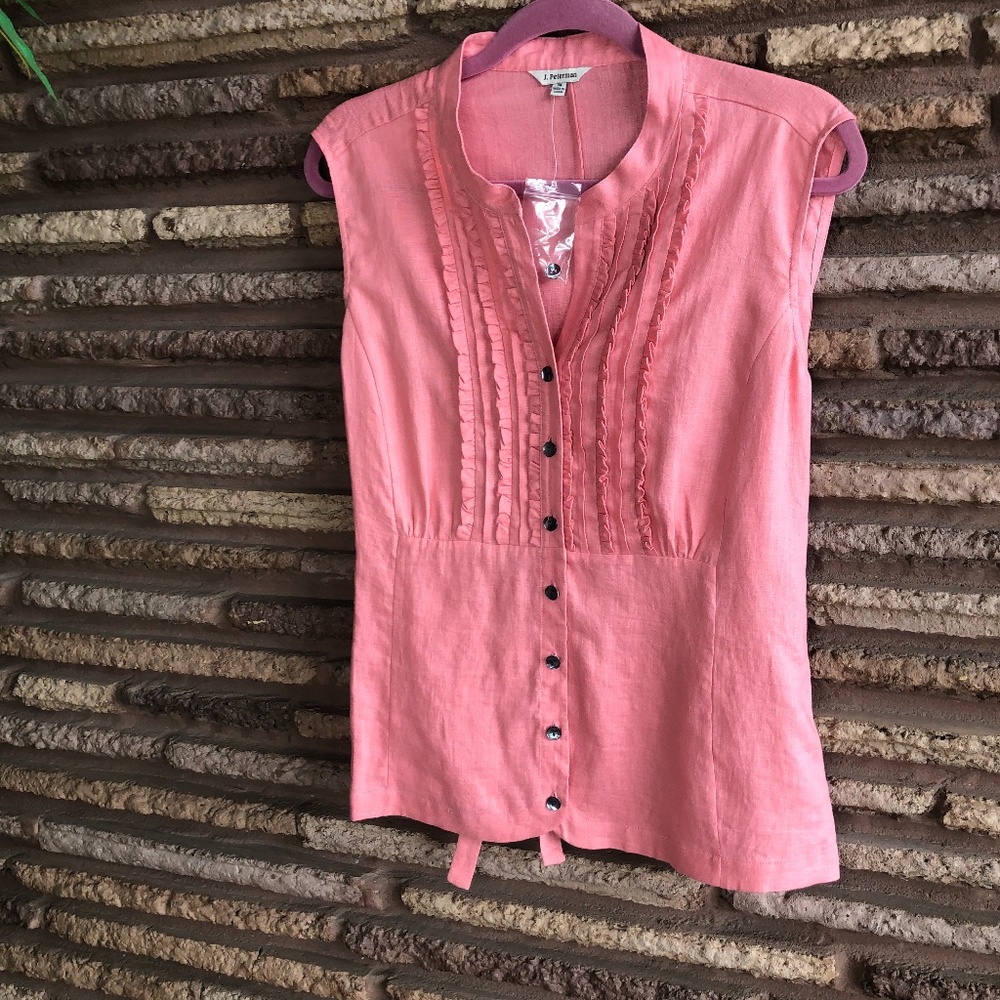 J. Peterman Pink Linen Sleeveless Blouse W/ Ruffle